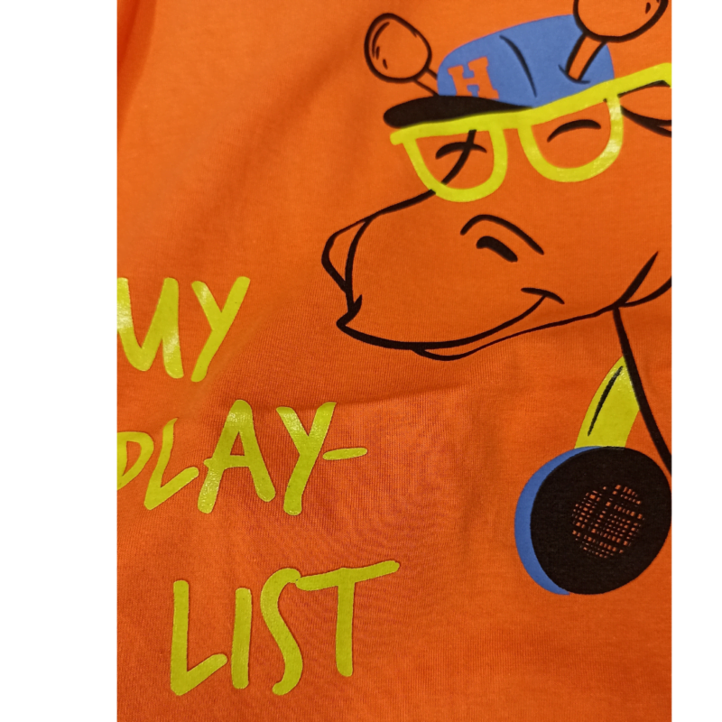 camiseta rolú em meia malha infantil cor tangerina dinossauro