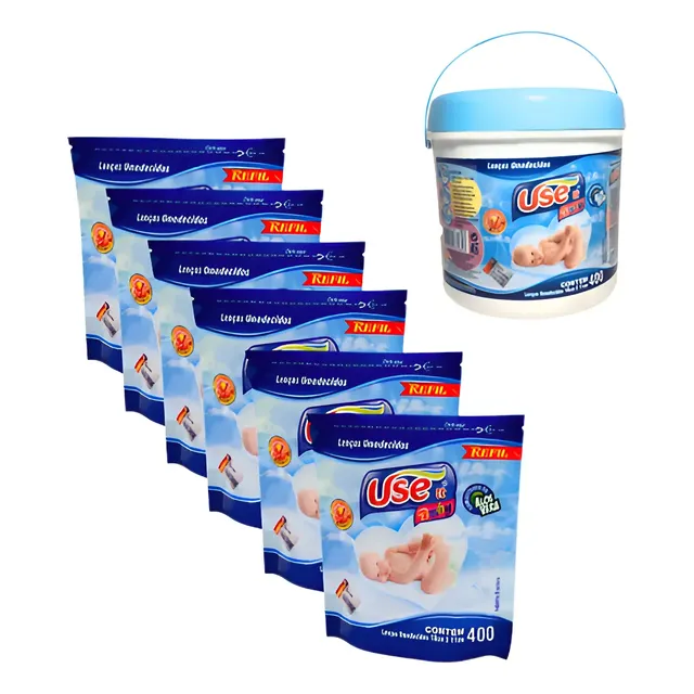 Kit Lenços Umedecidos 1 Balde Com 400 Uni + 6 Refil De Balde