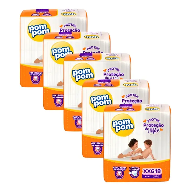 Oferta Kit C/5 Pacotes Fraldas Pompom P M G Xg Xxg Proteção