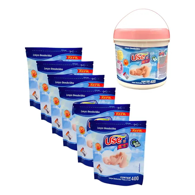 Kit Lenços Umedecidos 1 Balde Com 400 Uni + 6 Refil De Balde