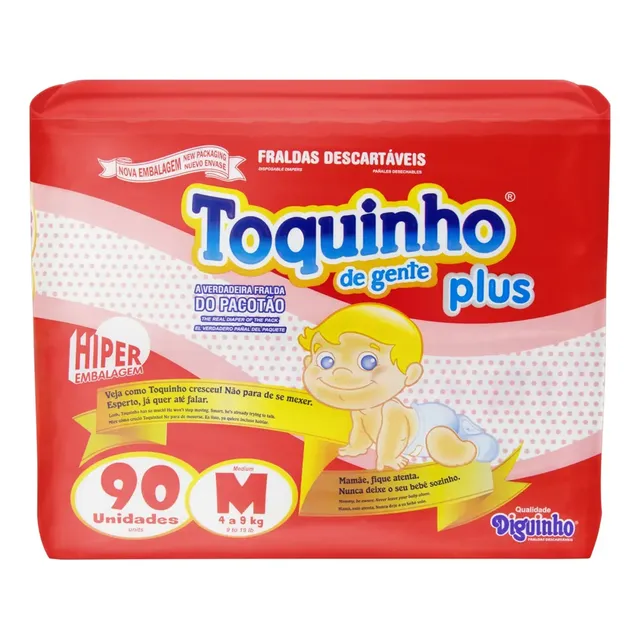 Fraldas Diguinho Toquinho De Gente Plus M 90 Unid C/ Gel Superabsorvente